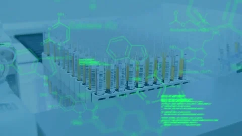 Animation of data processing over test tubes in lab Stock Footage 326296727