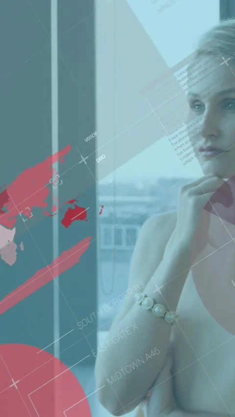 Animation of data processing over thoughtful caucasian woman looking out of the Stock Footage 344636748