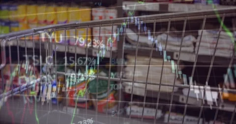 Animation of data processing over trolley in shop Stockbeeldmateriaal 326037783