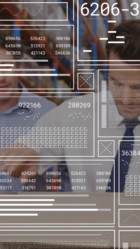 Animation of data processing over two caucasian male supervisor opening box at Stock Footage 344525388