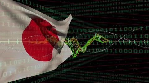 Animation of data processing over waving japan flag against binary coding Stock Footage 245889422