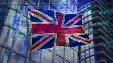 Animation of data processing over waving uk flag and world map against tall Stock Footage 330658145