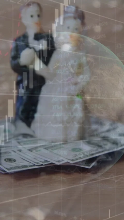 Animation of data processing over wedding figurines and banknotes Stock Footage 344722576