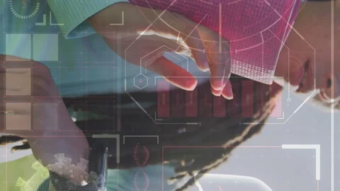 Animation of data processing over woman holding yoga mat and checking smartwatch Stock Footage 312642914
