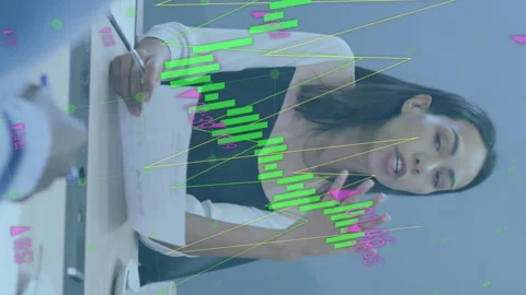 Animation of data processing over woman with document talking to her colleagues 库存影片 313166440