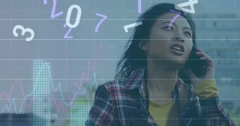 Animation of data processing over woman using smartphone Stock Footage 328358093