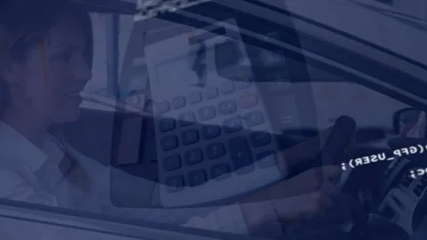 Animation of data processing over woman sitting in a car and calculator falling Stock Footage 328709685
