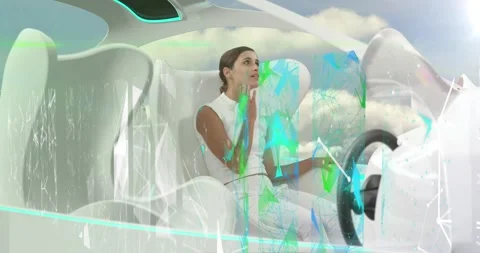 Animation of data processing over woman in self drive car Stock Footage 330174230