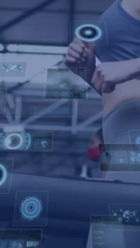 Animation of data processing over woman running on treadmill, exercising in gym Stock Footage 342594772