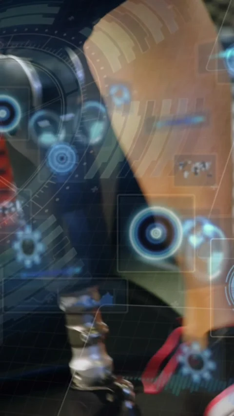 Animation of data processing over woman with artificial limb on treadmill, Stock Footage 342676798