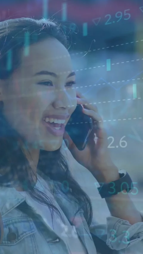 Animation of data processing over woman using smartphone Stock Footage 344783897