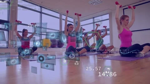 Animation of data processing over women exercising Stock Footage 327644731
