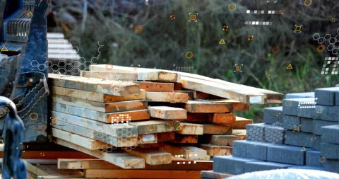 Animation of data processing over wood and bricks building materials 動画素材 307895235