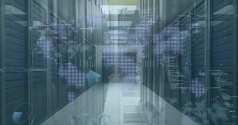 Animation of data processing over world map against empty computer server room Stock Footage 326426377
