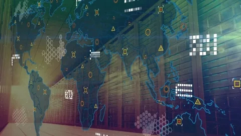 Animation of data processing over world map against computer server room Stock Footage 327124511