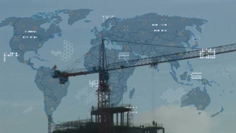 Animation of data processing over world map against construction site Vídeos de archivo 327643115