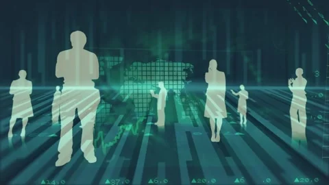 Animation of data processing over world map and business people silhouettes Stock Footage 329227880
