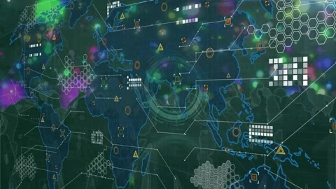 Animation of data processing over world map and ticking clock against silhouette Stock Footage 329296346