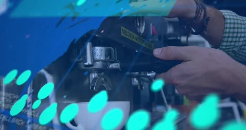 Animation of data processing over world map against mid section of barista using Stock Footage 329417706