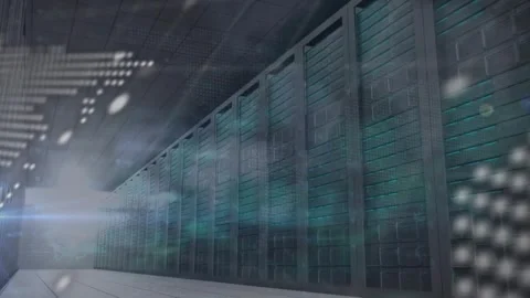 Animation of data processing over world map against computer server room Stock Footage 329421051