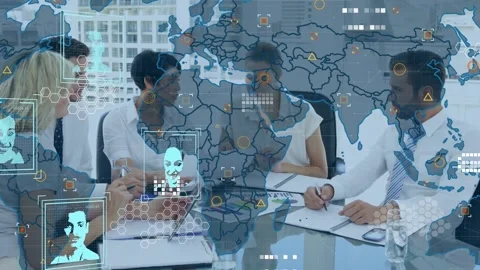 Animation of data processing over world map against diverse businesspeople Stock Footage 329971173