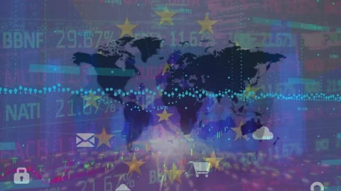 Animation of data processing over world map and flag of eu Stock Footage 329988369