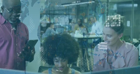 Animation of data processing over world map against diverse colleagues Stock Footage 330400035