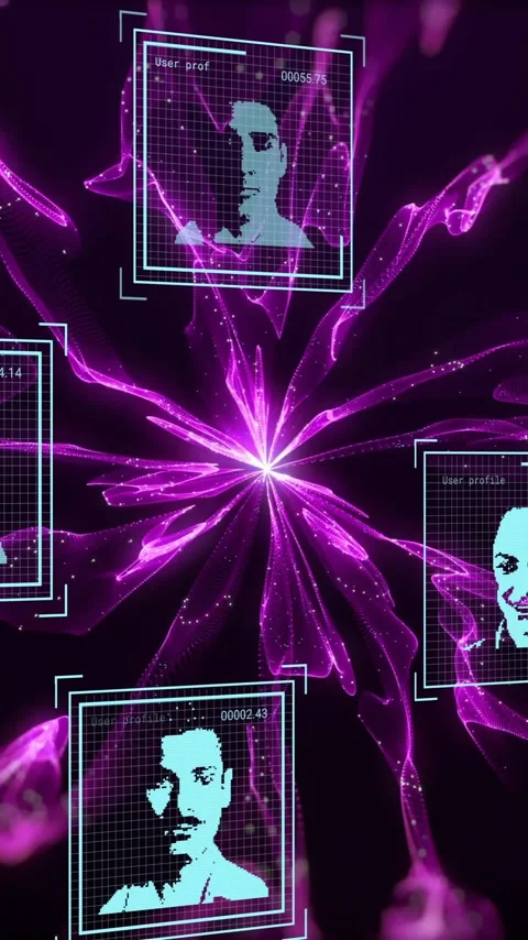 Animation of data processing with people icons and purple shapes on black Video stock 320330393