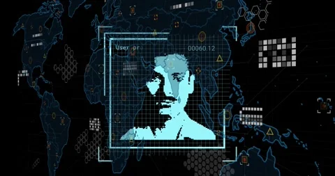 Animation of data processing with people portraits over world map on black Stock Footage 329971280