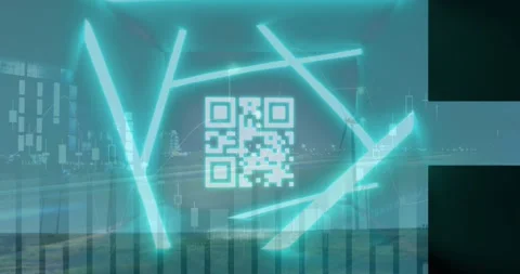 Animation of data processing with qr code and cityscape over wind turbines Stock Footage 329781445