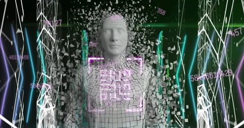 Animation of data processing with qr code and digital human over shapes on black Stock Footage 330287870
