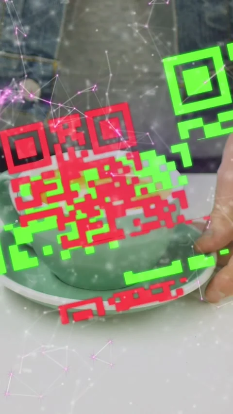 Animation of data processing with qr code over caucasian man with coffee Vidéo 343027770