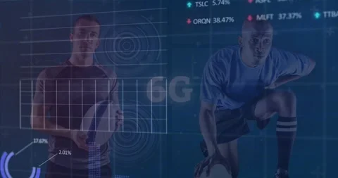 Animation of data processing on red bar and line graph over sports fans at Stock Footage 328310885