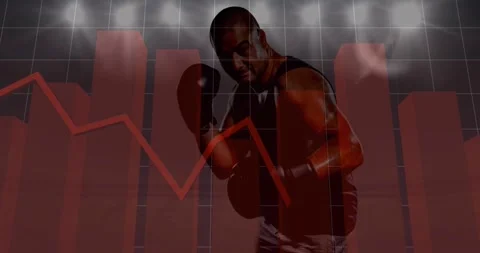 Animation of data processing on red bar and line graph over male boxer and Stock Footage 328455484