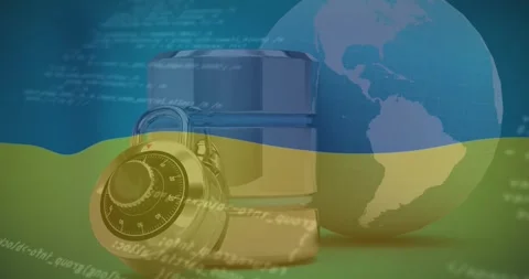 Animation of data processing, safe and globe over flag of ukraine Stock Footage 329408070