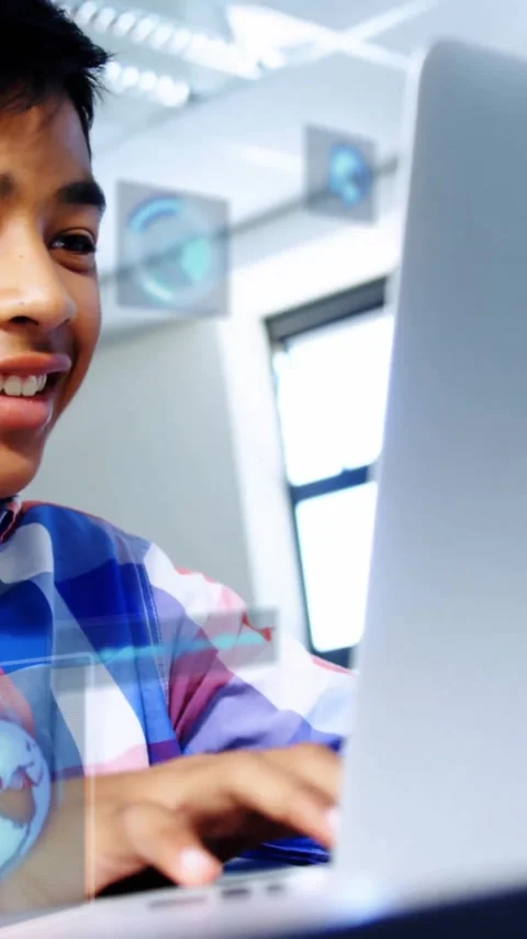 Animation of data processing with scope scanning over male student using laptop Stock Footage 320512476