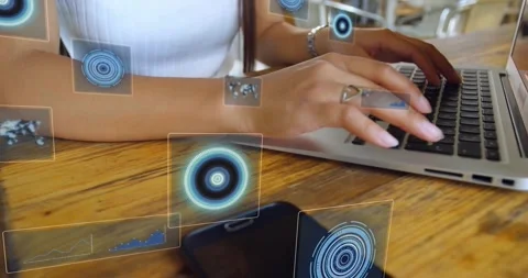 Animation of data processing with scope scanning over businesswoman using laptop Stock Footage 328015709