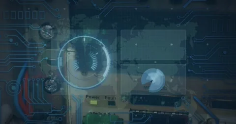 Animation of data processing with scope scanning and world map over server room Stock Footage 329126603