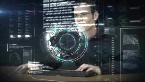 Animation of data processing with scope scanning and globe over caucasian man on Stock Footage 330583570