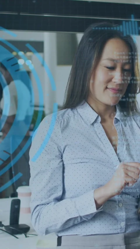 Animation of data processing with scope scanning over businesswoman Stock Footage 343995976