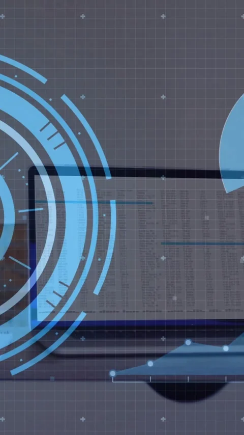 Animation of data processing with scope scanning over laptop on desk in office Stock Footage 344746229