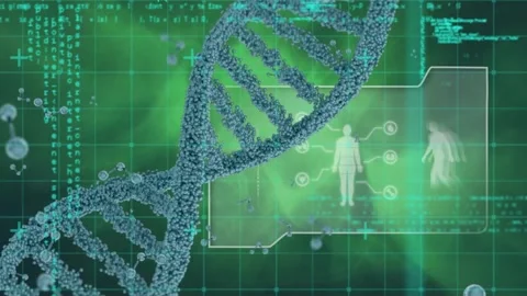 Animation of data processing on screen over 3d dna strand spinning Stock Footage 326627983