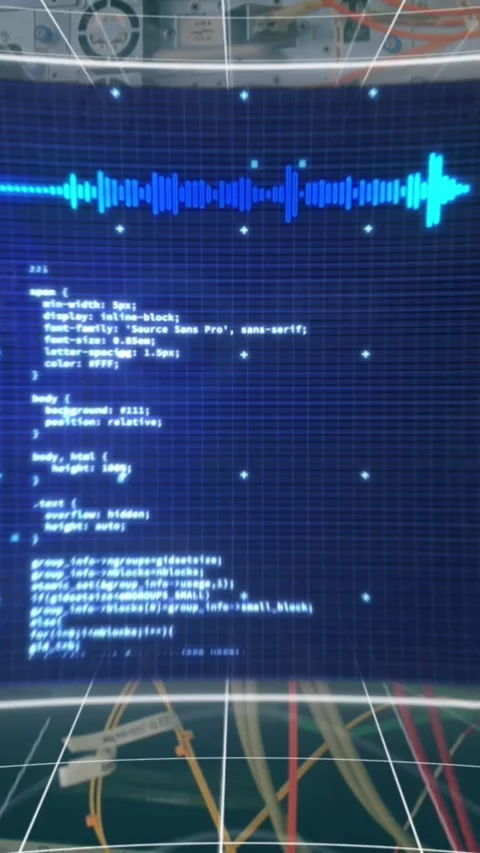 Animation of data processing on screen over computer wires Stock Footage 342996111