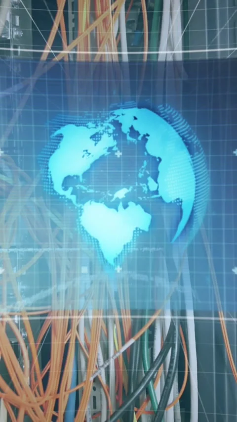 Animation of data processing on screen over computer wires Stock Footage 343027658