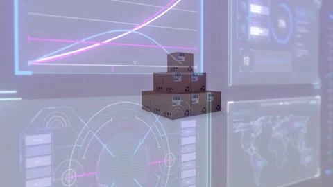 Animation of data processing on screens over stack of cardboard boxes Stock Footage 159967562
