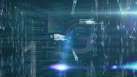 Animation of data processing on screens over binary coding Stock Footage 203777873