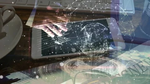 Animation of data processing on screens over businessmen and desk Stock Footage 219759589