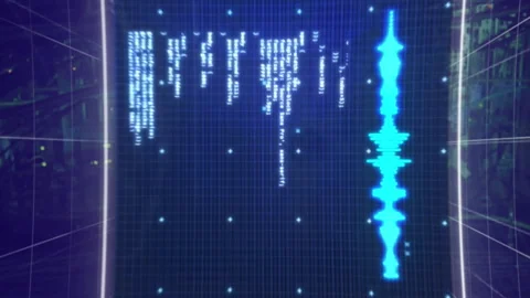Animation of data processing on screens over tech room with computer servers Stock Footage 312503999