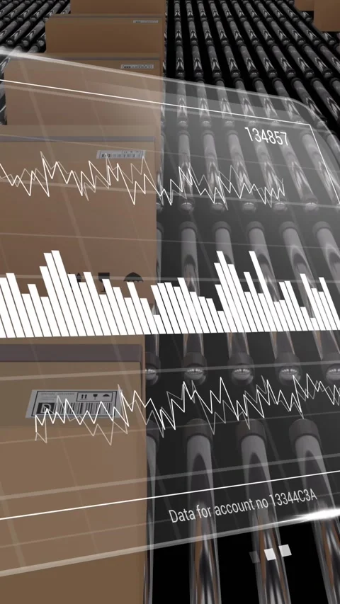 Animation of data processing on screens over cardboard boxes on conveyor belts Stock Footage 323783778