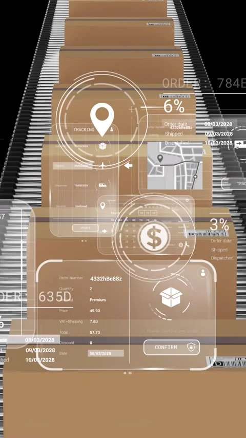 Animation of data processing on screens over cardboard boxes on conveyor belts Stock Footage 323783783